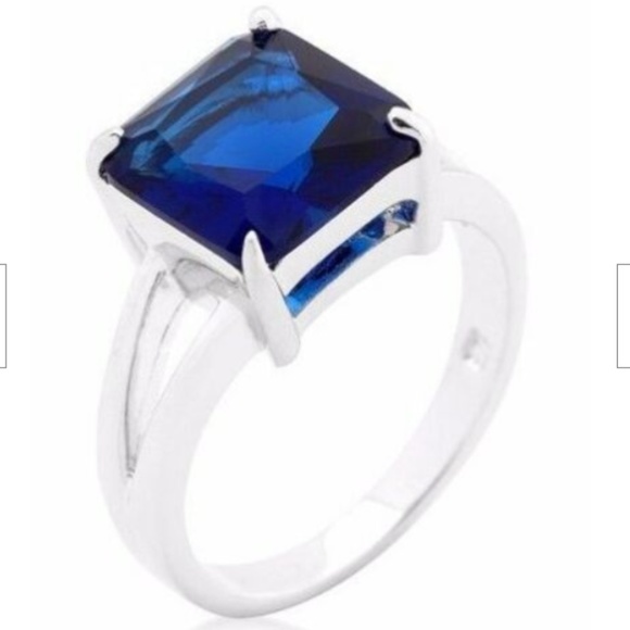 Silver Sapphire Cocktail Ring Size 6 7 8 10 Blue Cubic Zirconia Princess Cut - Picture 2 of 4